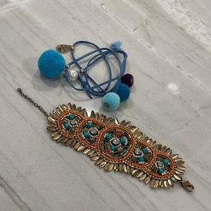 Beaded bracelet and pompom wrap bracelet